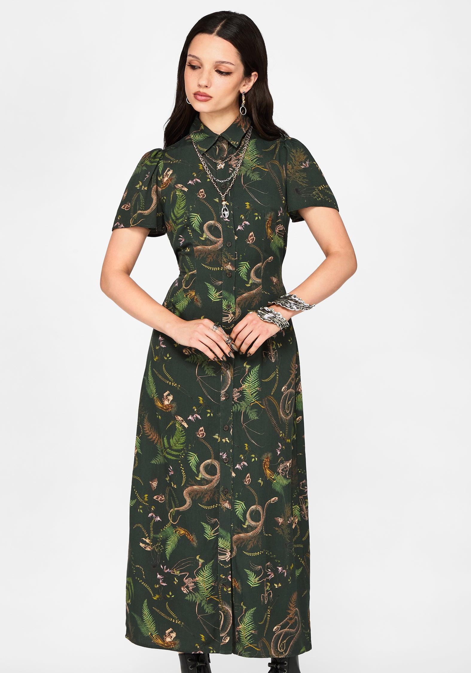 Noctaris Print Fitted Midi Shirt Dress