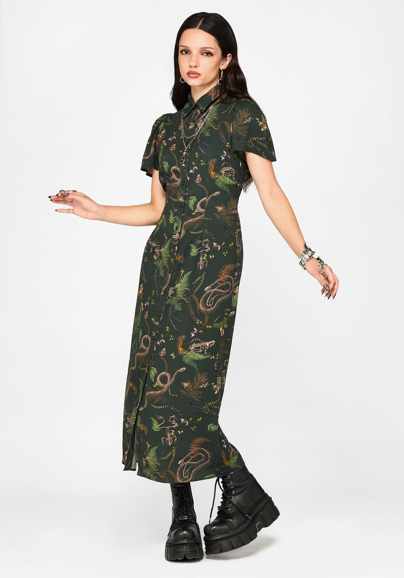 Noctaris Print Fitted Midi Shirt Dress