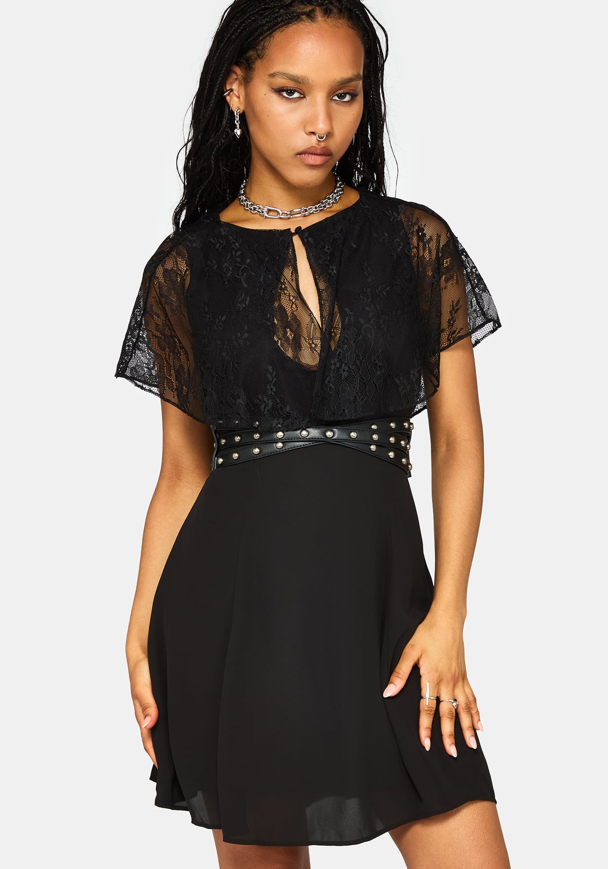 Yasmine Lace Cape Keyhole Mini Dress