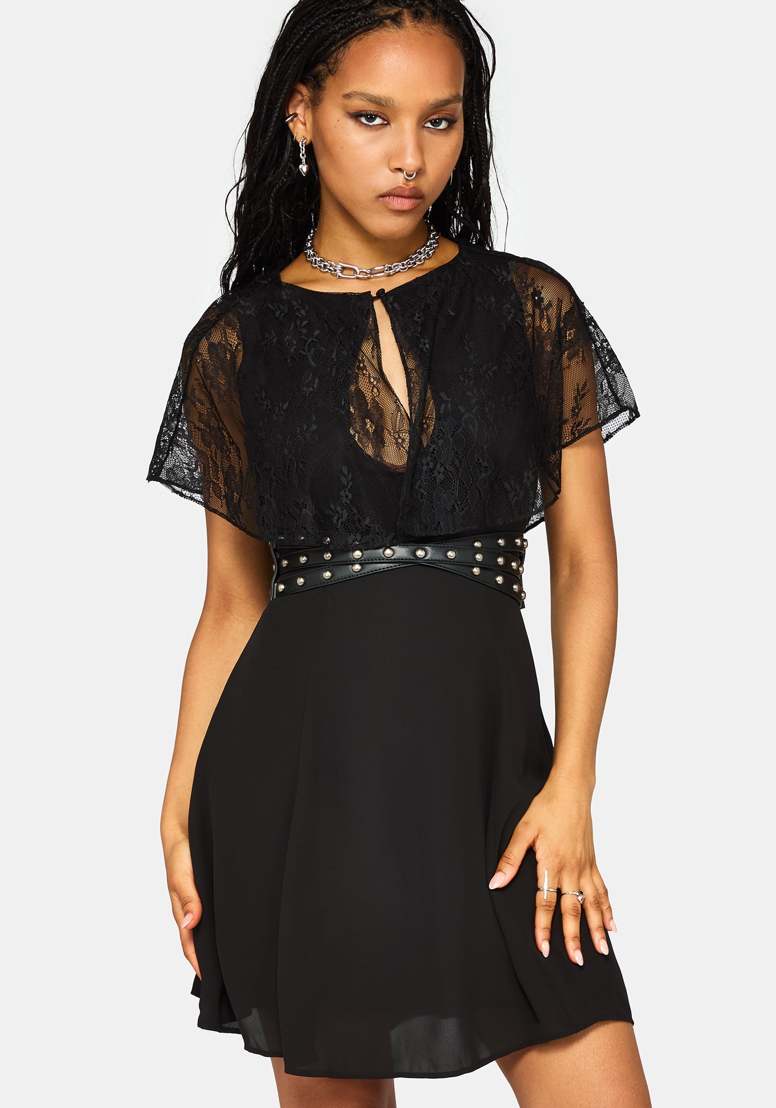 Yasmine Lace Cape Keyhole Mini Dress