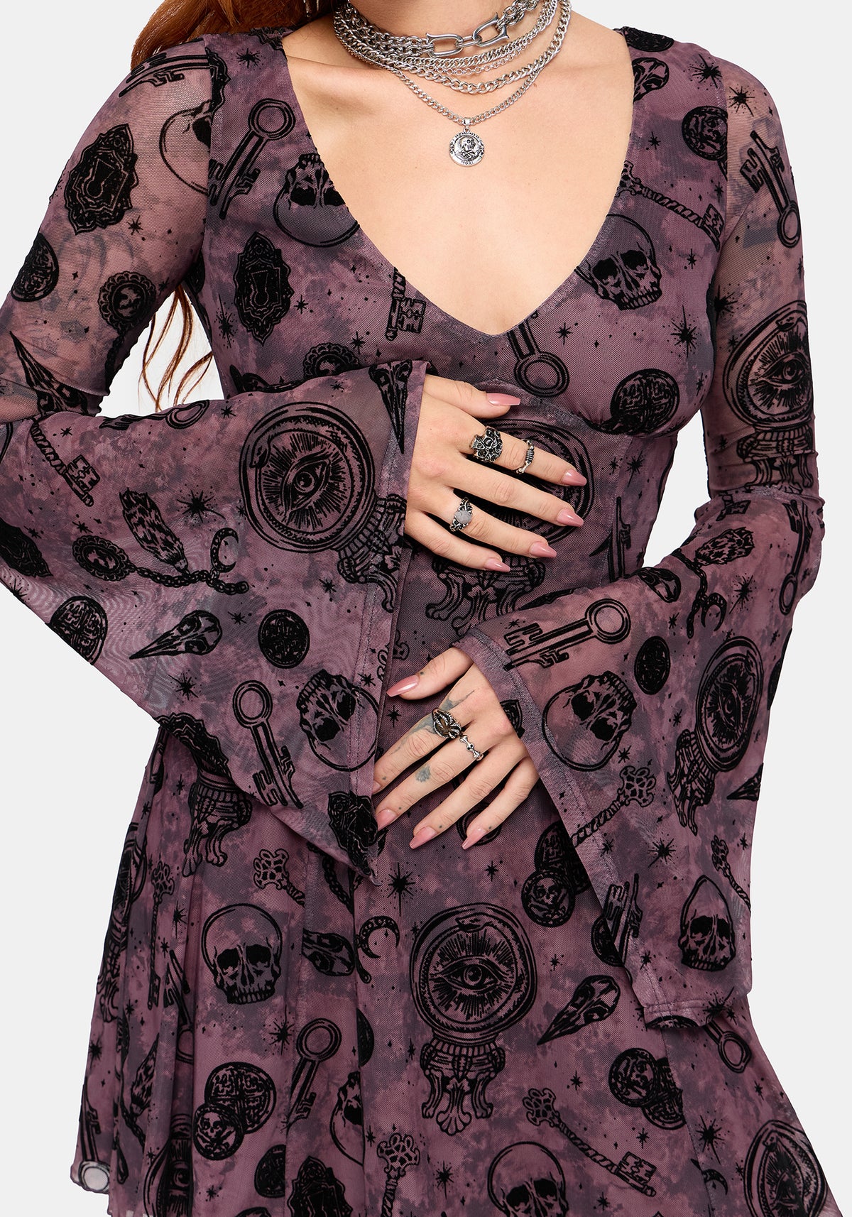 Equinox Flocked Flared Sleeve Mini Dress