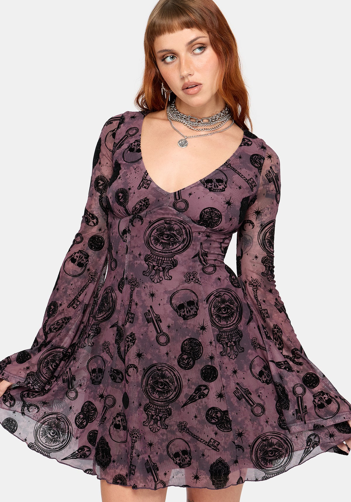 Equinox Flocked Flared Sleeve Mini Dress
