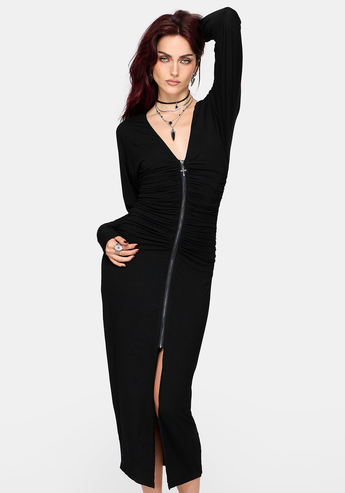 Vanthe Zip Front Batwing Sleeve Jersey Midaxi Dress