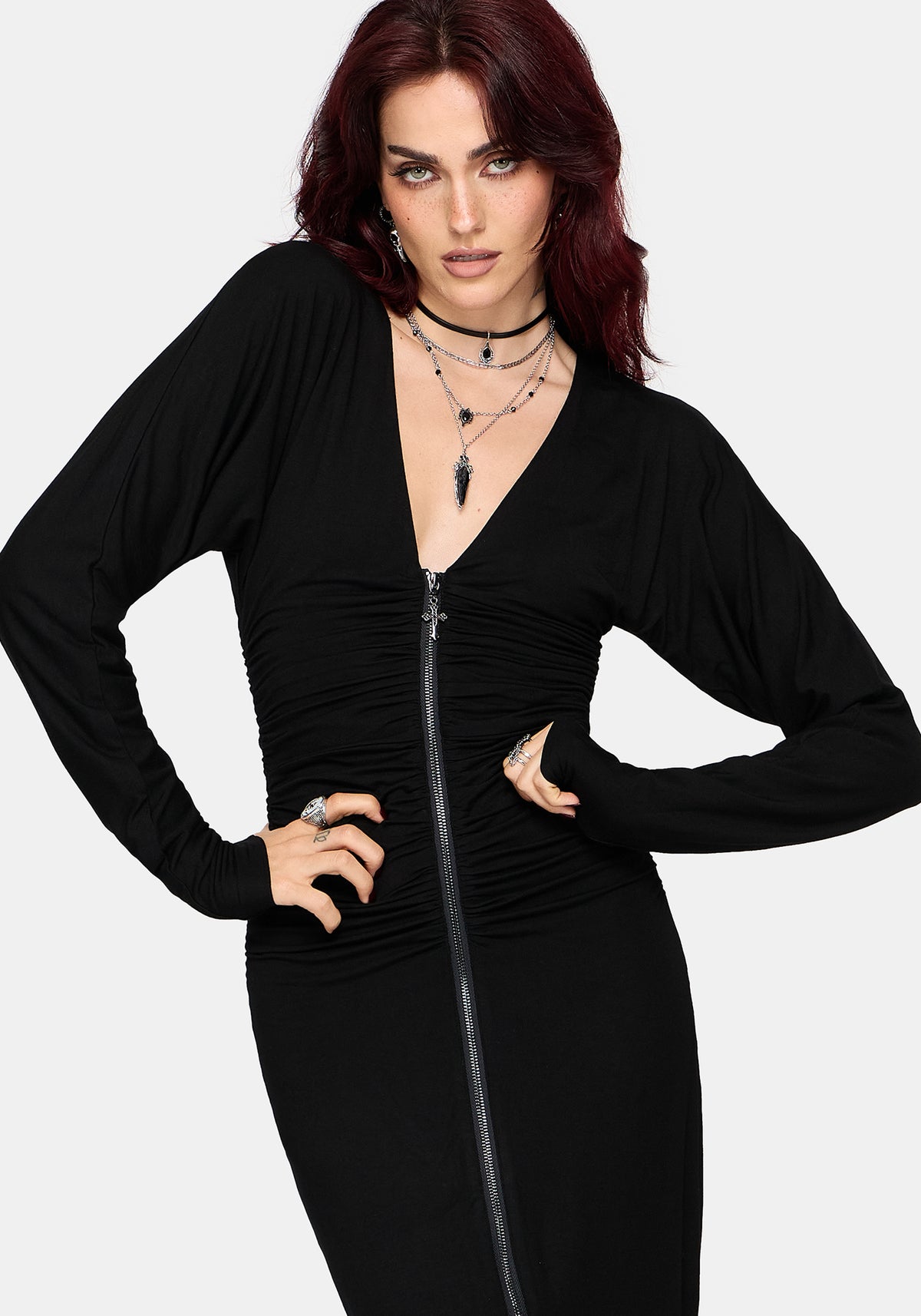Vanthe Zip Front Batwing Sleeve Jersey Midaxi Dress