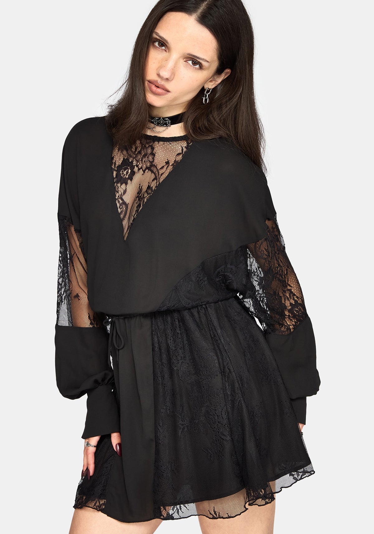 Frida Blouson Sleeve Lace Panelled Mini Dress