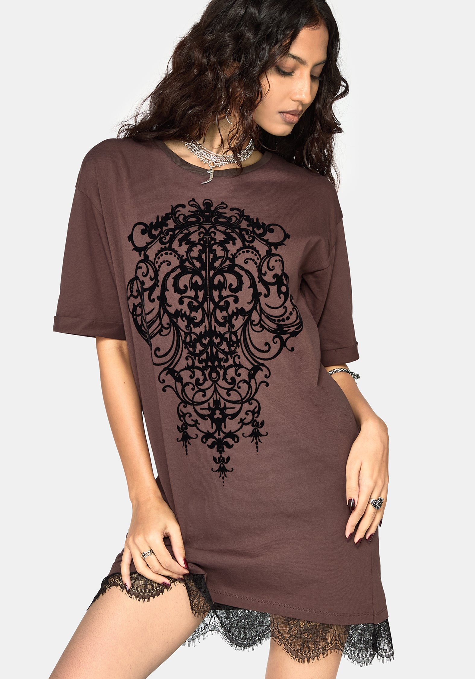 Leucosia Lace Trim Graphic T-Shirt Dress