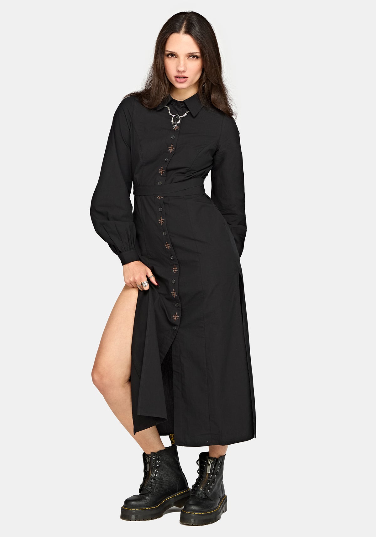 Velis Embroidered Placket Midaxi Dress