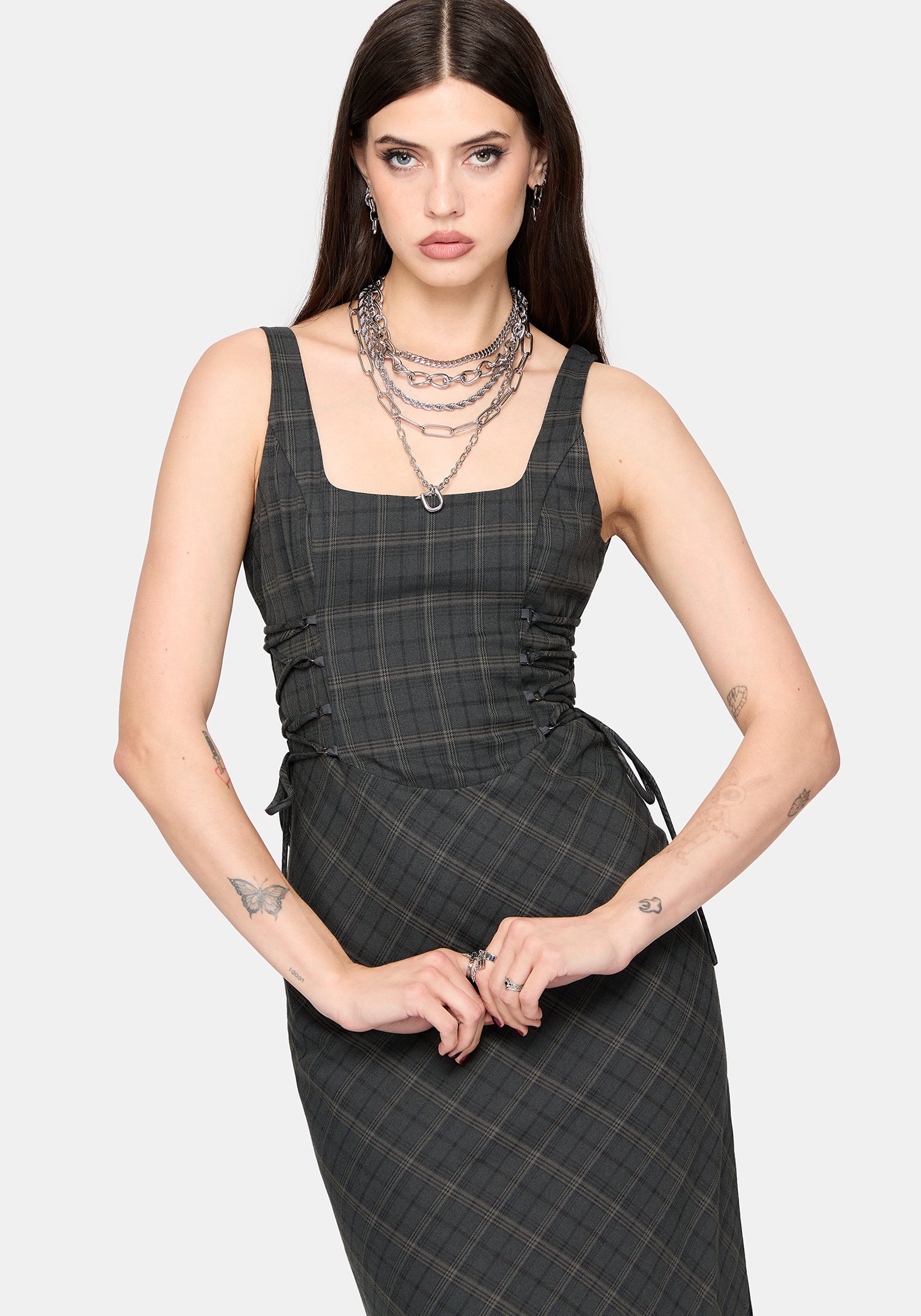 Caitriona Check Lace Up Side Midi Dress