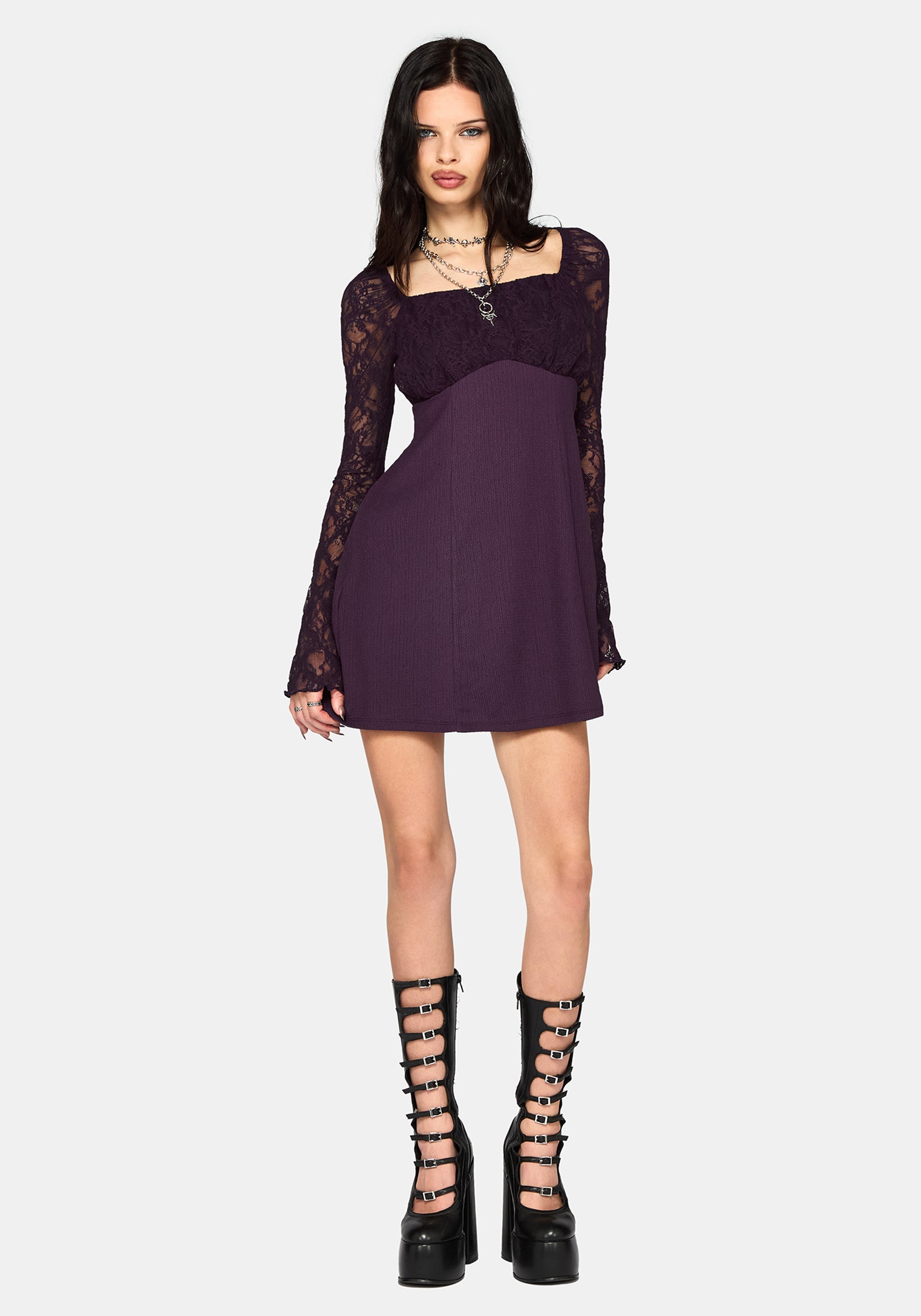Georgina Empire Waist Lace Sleeve Mini Dress