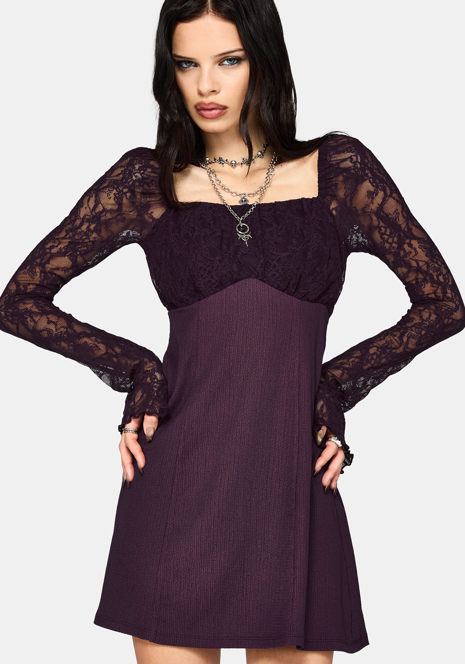 Georgina Empire Waist Lace Sleeve Mini Dress