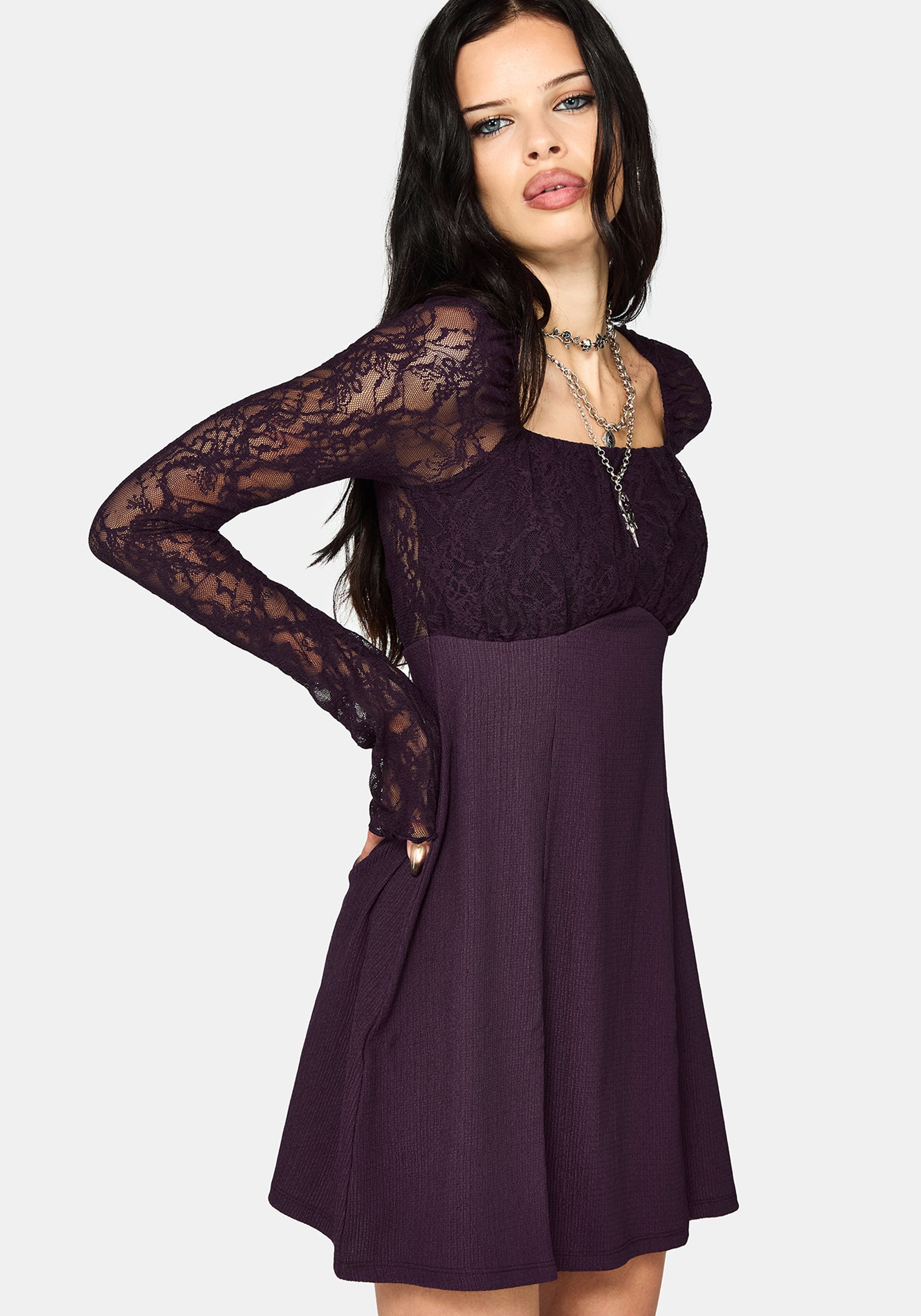 Georgina Empire Waist Lace Sleeve Mini Dress