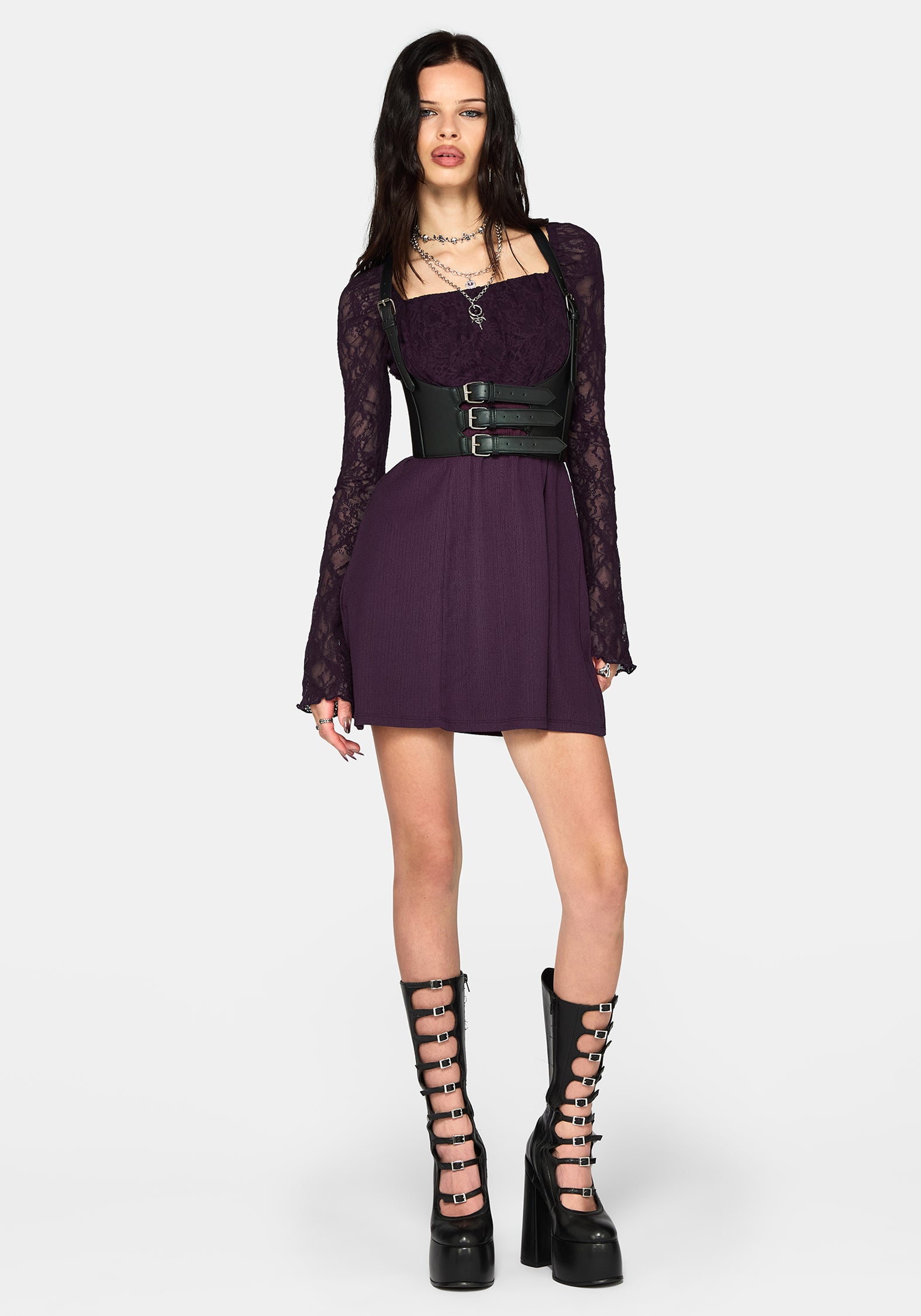Georgina Empire Waist Lace Sleeve Mini Dress