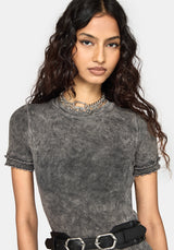 A woman wearing a short-sleeve gray ribbed midi dress with a washed, distressed finish, paired with a black belt, against a light gray studio background.