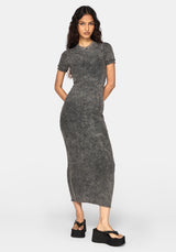 A woman modeling a short-sleeve, bodycon midi dress in a washed charcoal gray color, paired with black platform sandals, against a plain light gray background.