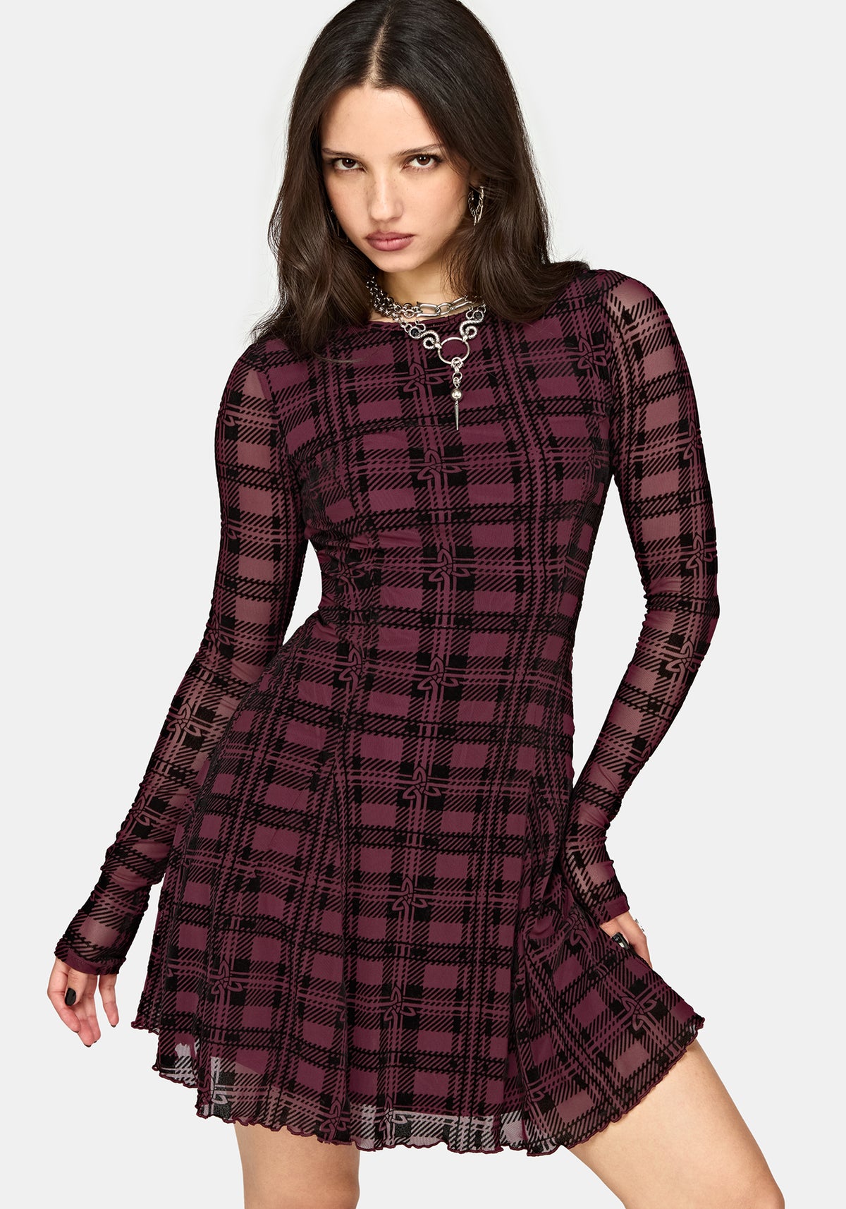 Vesica Flocked Witches Knot Godet Mini Dress - Burgundy
