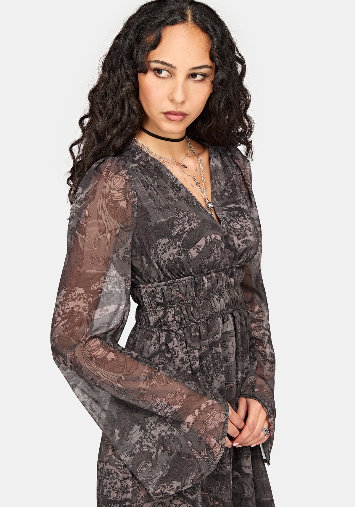 Disturbia x The Witcher Rivia Print Chiffon Midaxi Dress