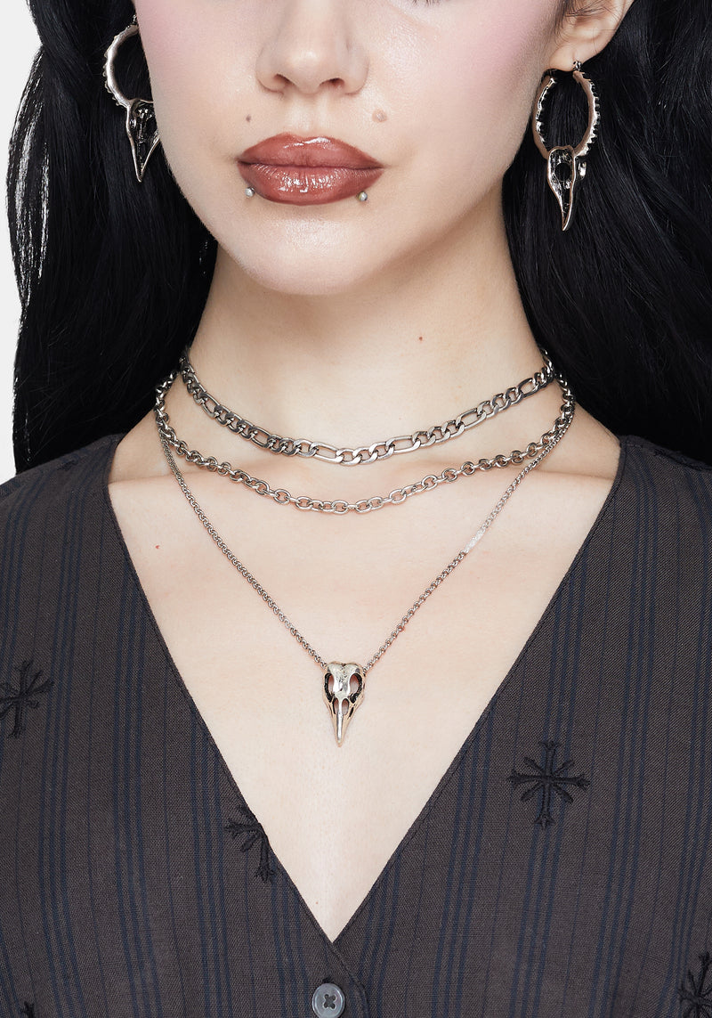 Corvus Bird Skull Layered Necklace