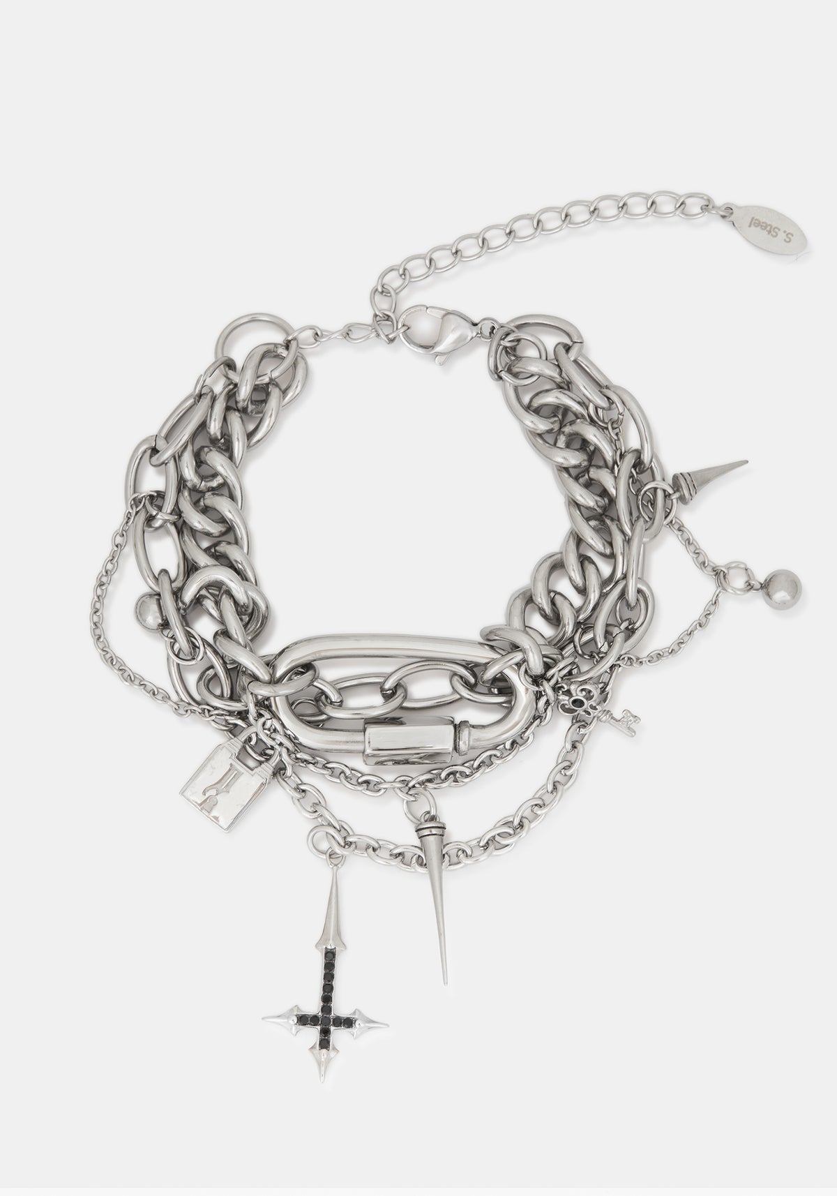 A layered silver-tone chain bracelet featuring chunky interlocking links, delicate chain straps, dangling spikes, a small padlock charm, and a cross charm, displayed on a light gray background.