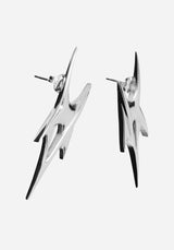 A pair of silver-toned geometric drop earrings with a sharp, angular spike design, shown against a plain light gray background.
