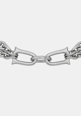 A close-up of a polished silver-toned metal chain with elongated oval links and decorative curved ends, shown against a plain light gray background.