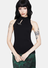 Apollo Snake Brooch Cut Out Detail Sleeveless Knit Top