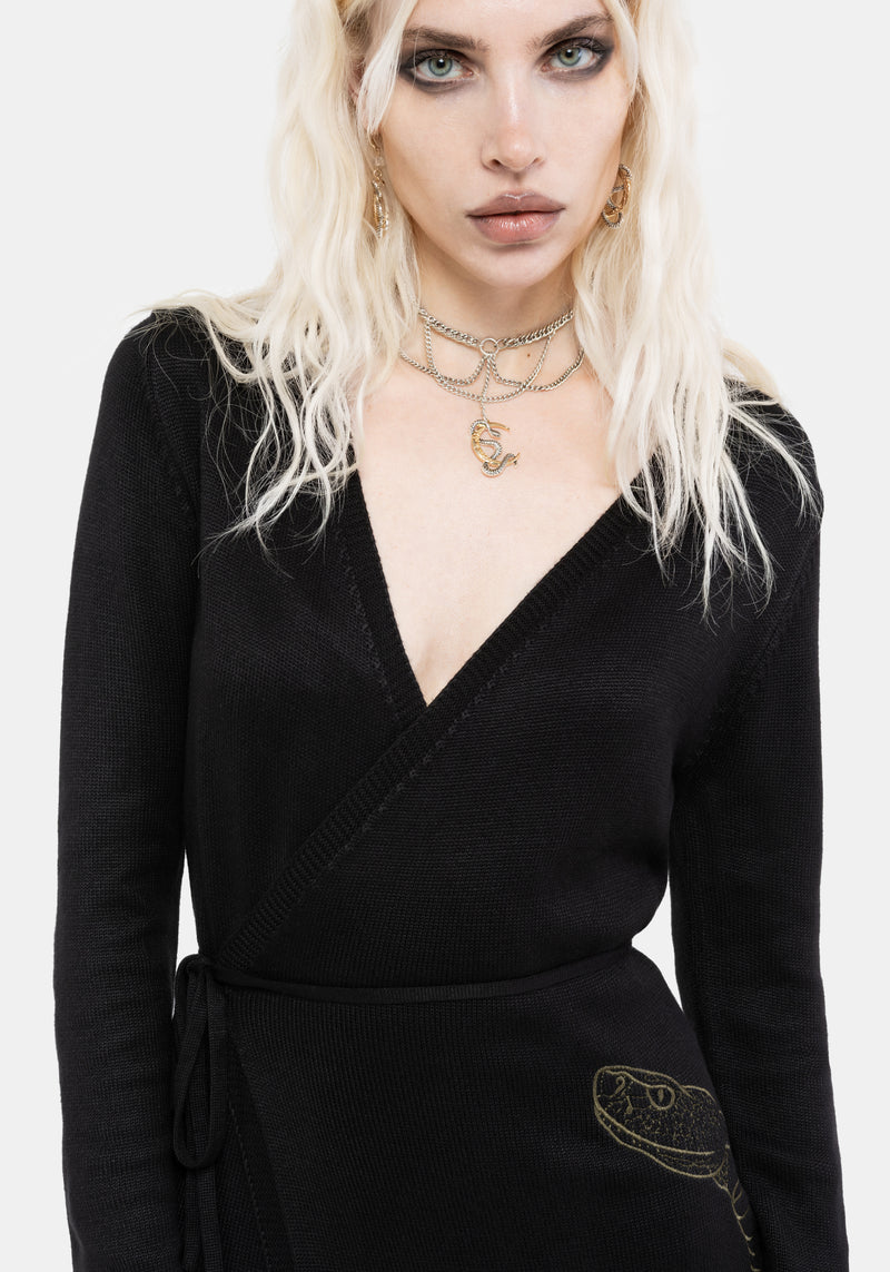 Serpent Snake Embroidered Knit Midi Dress