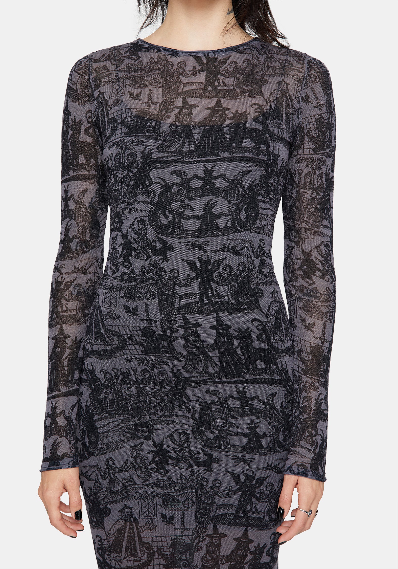 Enchanted Sheer Witch Print Knit Maxi Dress