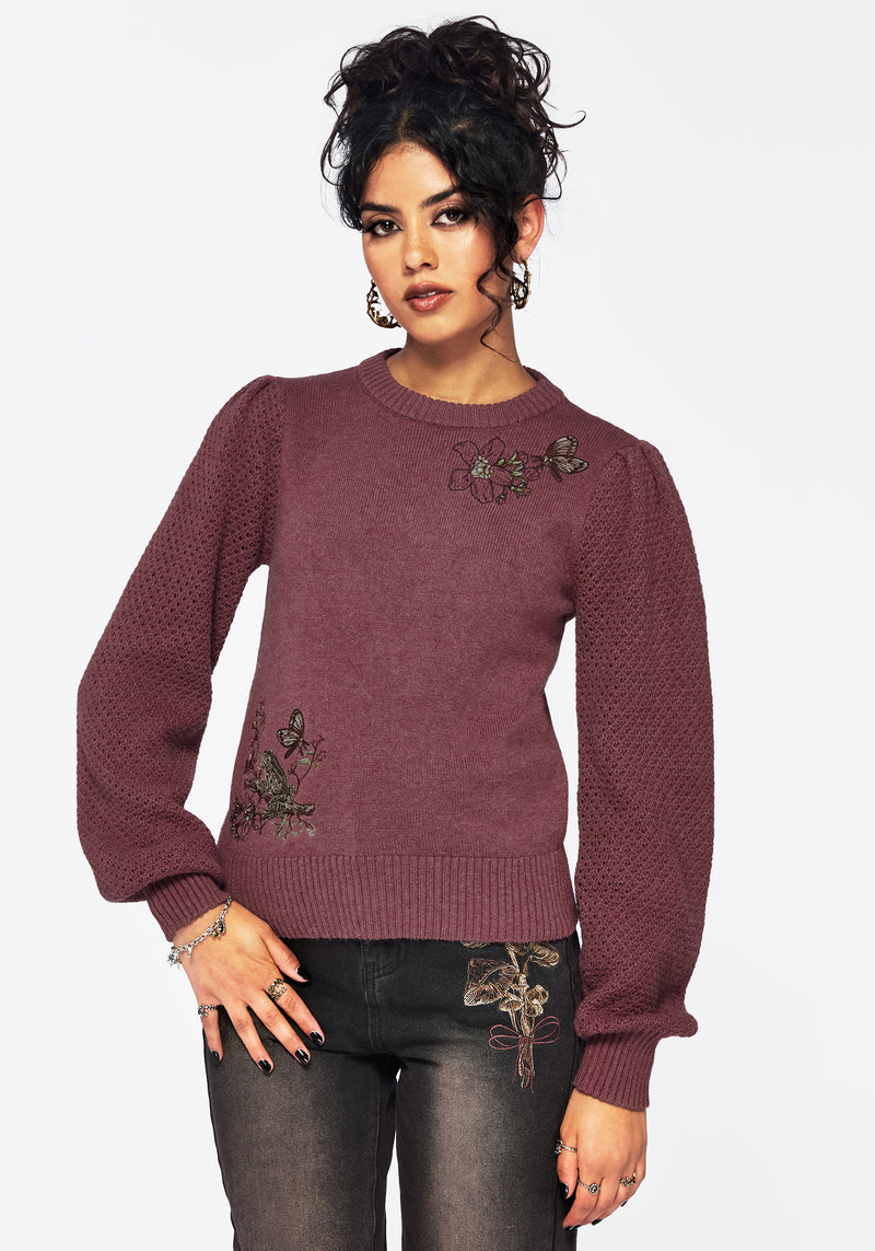 Dana Floral Moth Embroidered Jumper - Purple