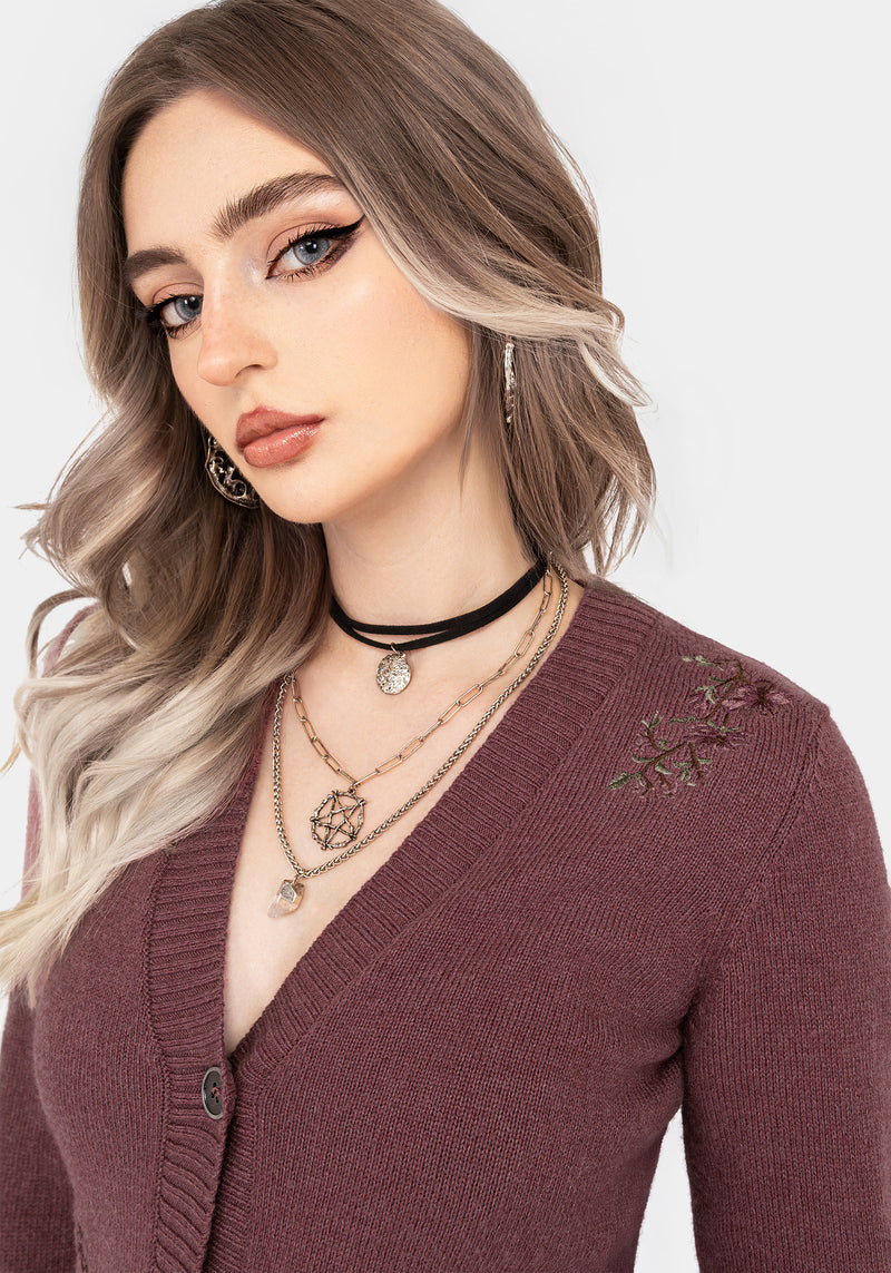 Dana Floral Moth Embroidered Cardigan - Purple