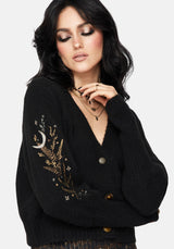 Abellona Floral Moon Embroidered Balloon Sleeve Knit Cardigan