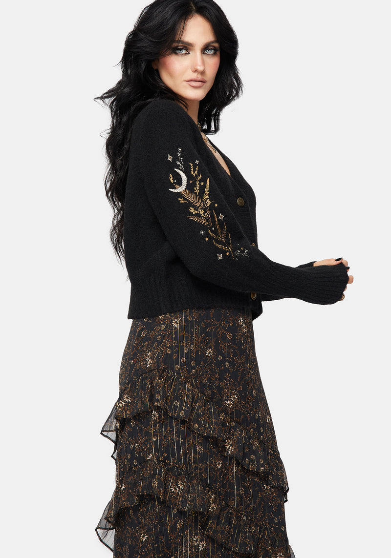 Abellona Floral Moon Embroidered Balloon Sleeve Knit Cardigan