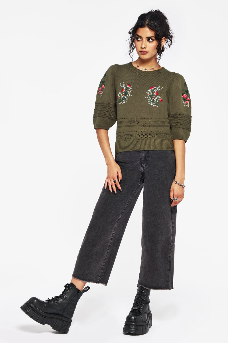 Lavish Mushroom Embroidered Short Sleeve Knit Top