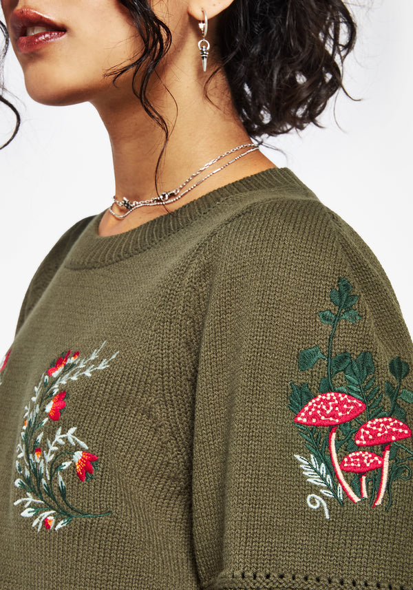 Lavish Mushroom Embroidered Short Sleeve Knit Top
