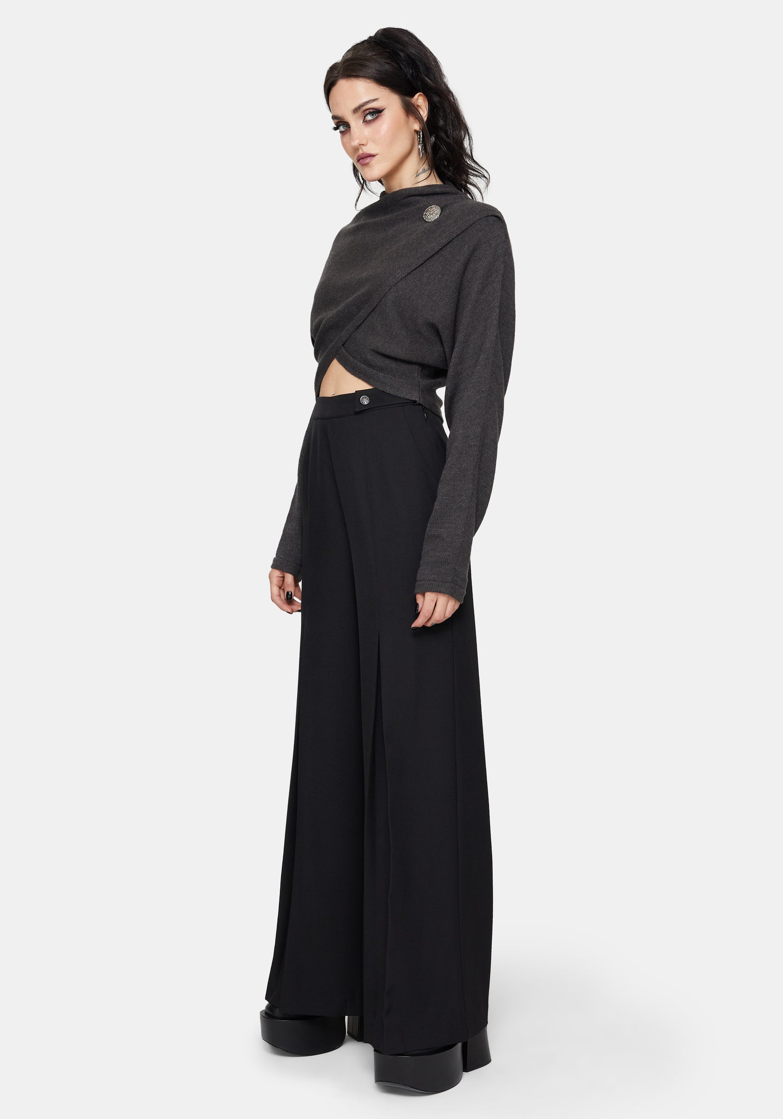 Calliope Wrap Over Cropped Knit Jumper with Brooch