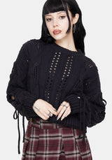 Sycamore Cotton Lace Up Sleeve Cable Knit Crop Jumper - Navy