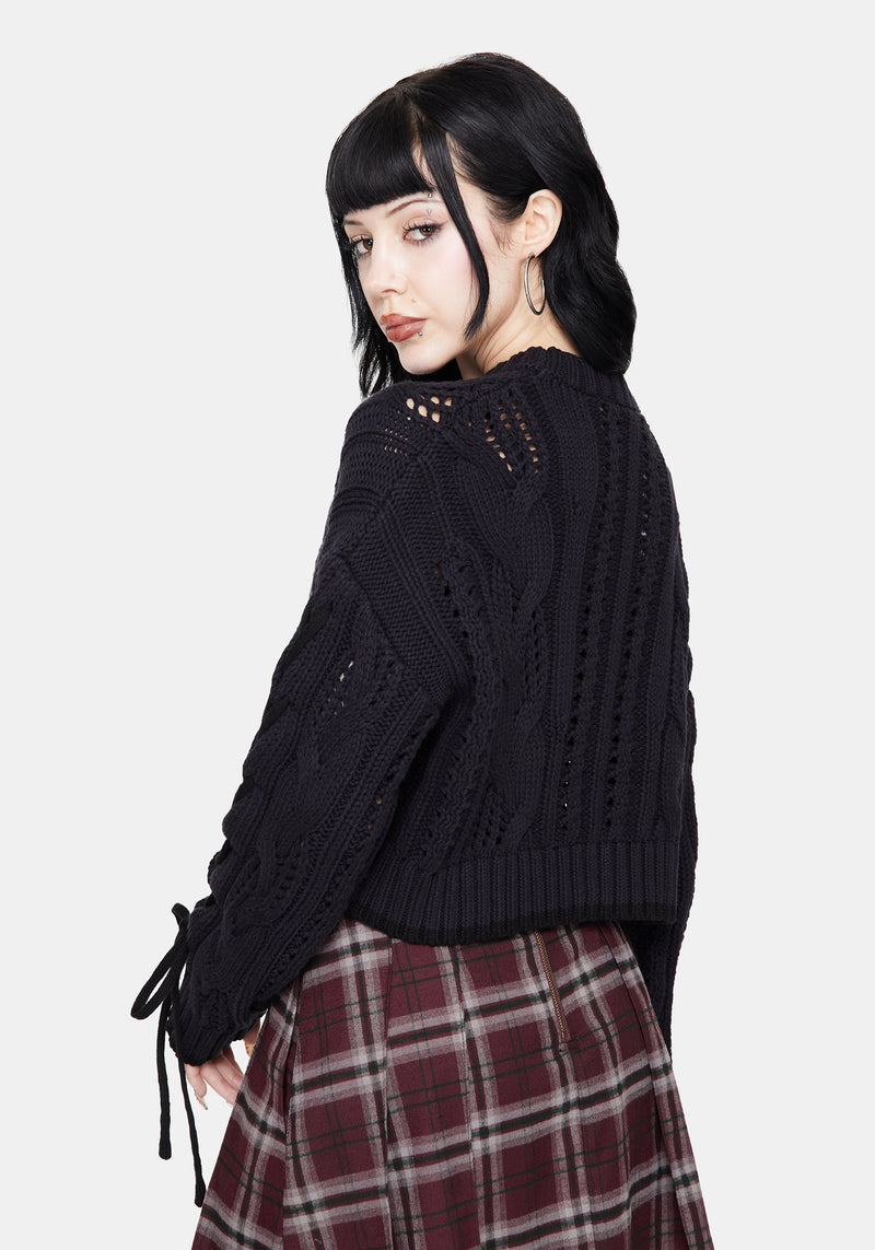 Sycamore Cotton Lace Up Sleeve Cable Knit Crop Jumper - Navy