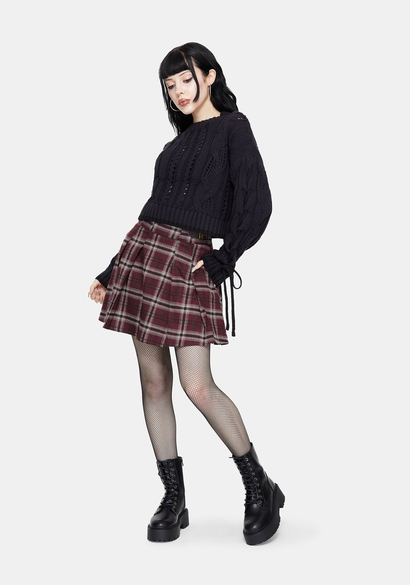 Sycamore Cotton Lace Up Sleeve Cable Knit Crop Jumper - Navy