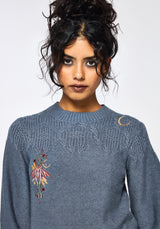 Selenia Moth Embroidered Cable Twist Knit Jumper - Blue