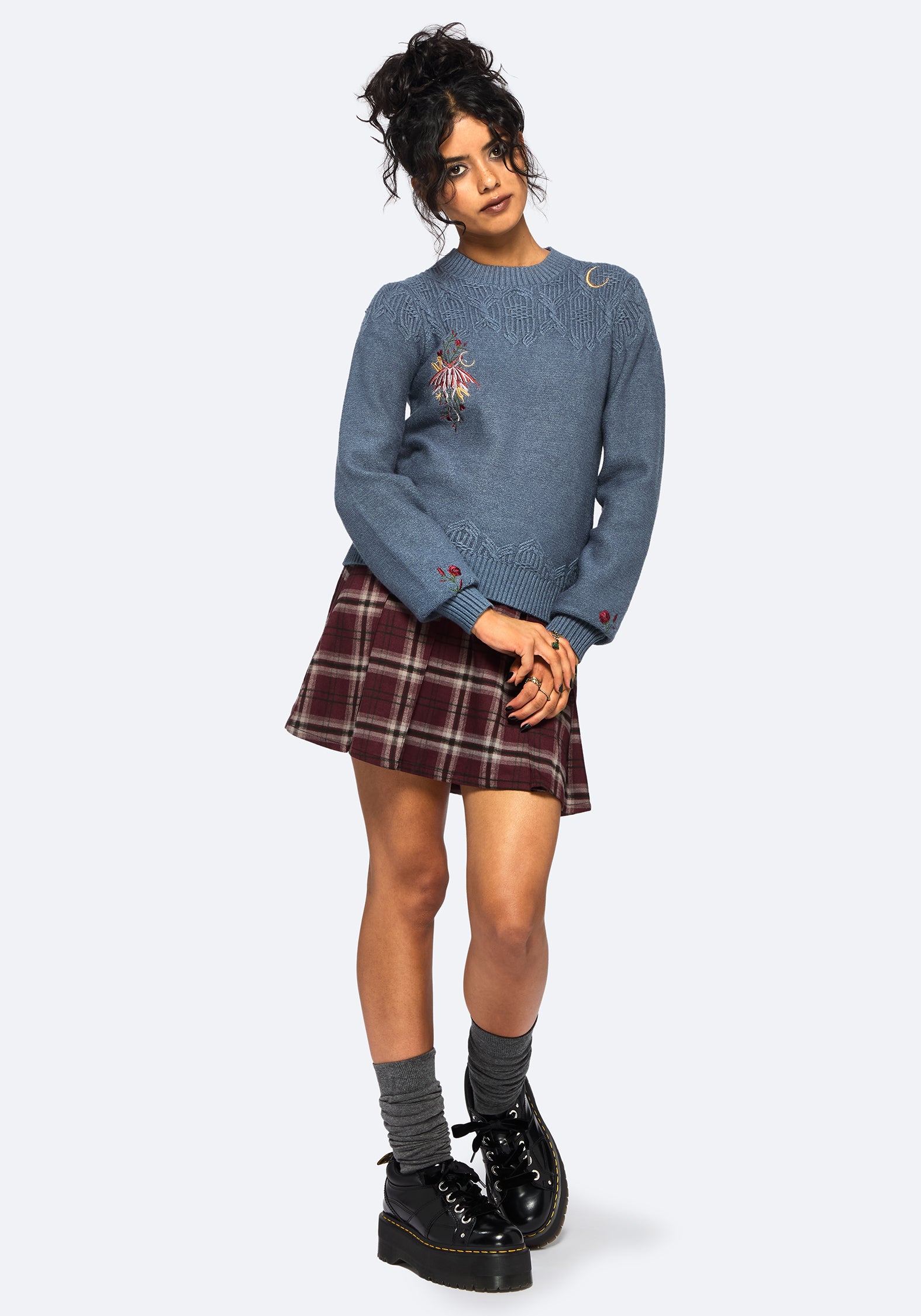 Selenia Moth Embroidered Cable Twist Knit Jumper - Blue