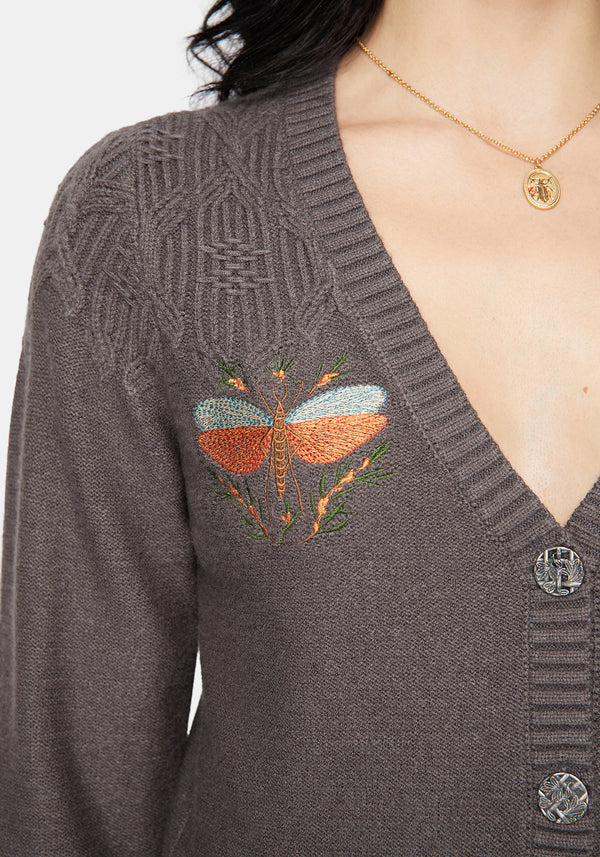 Griffinfly Embroidered Knit Cardigan - Grey