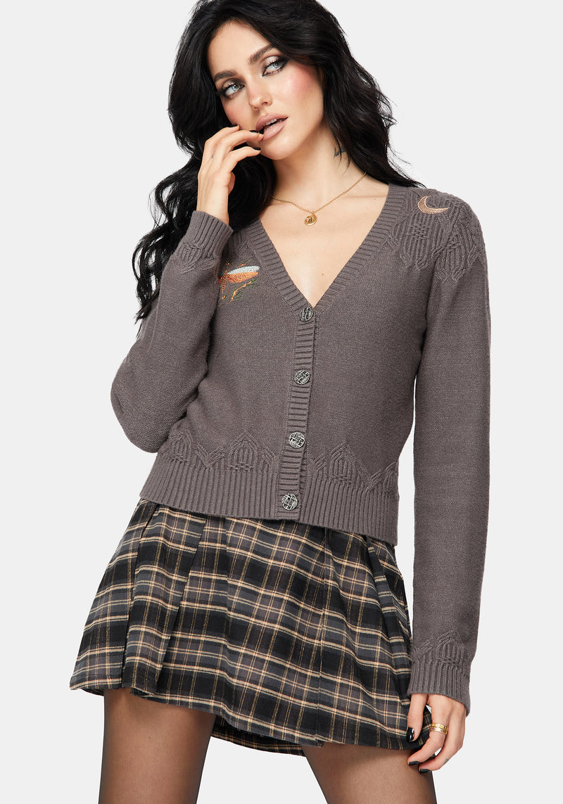 Griffinfly Embroidered Knit Cardigan - Grey
