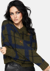 Nelly Spliced Check Bug Jacquard Cropped Knit Jumper