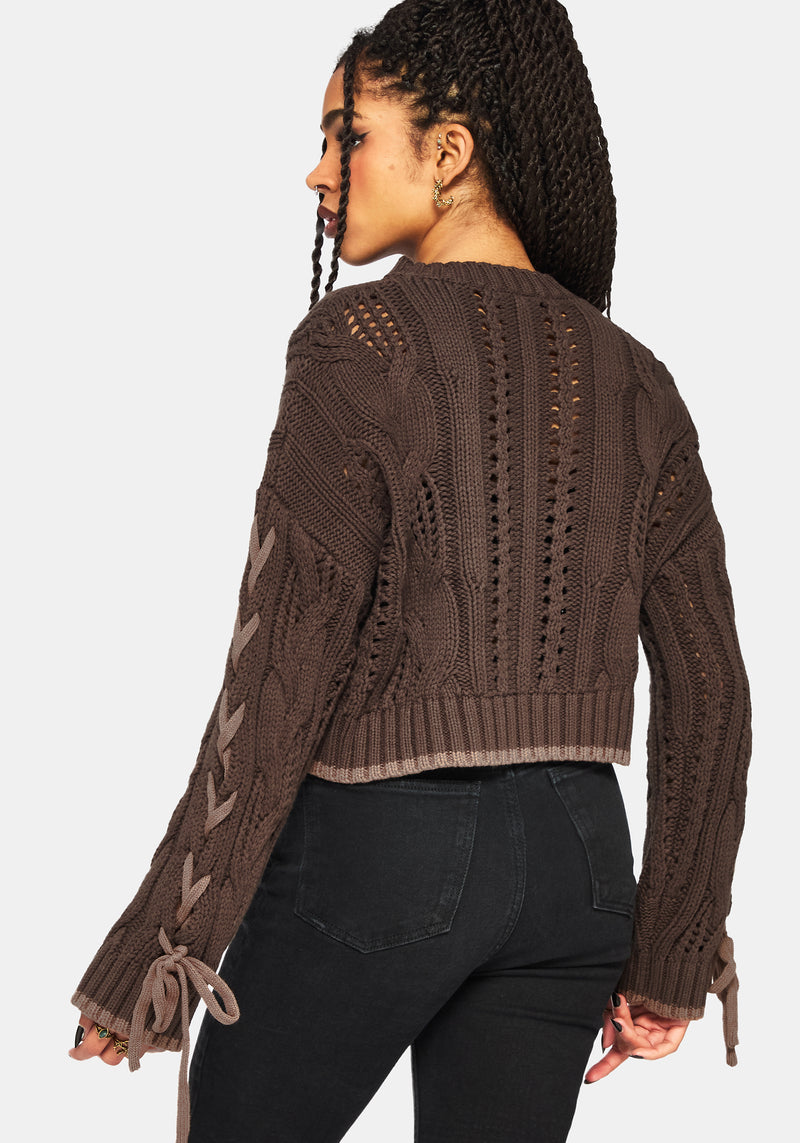 Sycamore Cotton Lace Up Sleeve Cable Knit Crop Jumper - Brown