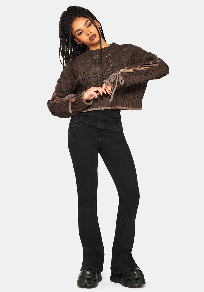 Sycamore Cotton Lace Up Sleeve Cable Knit Crop Jumper - Brown