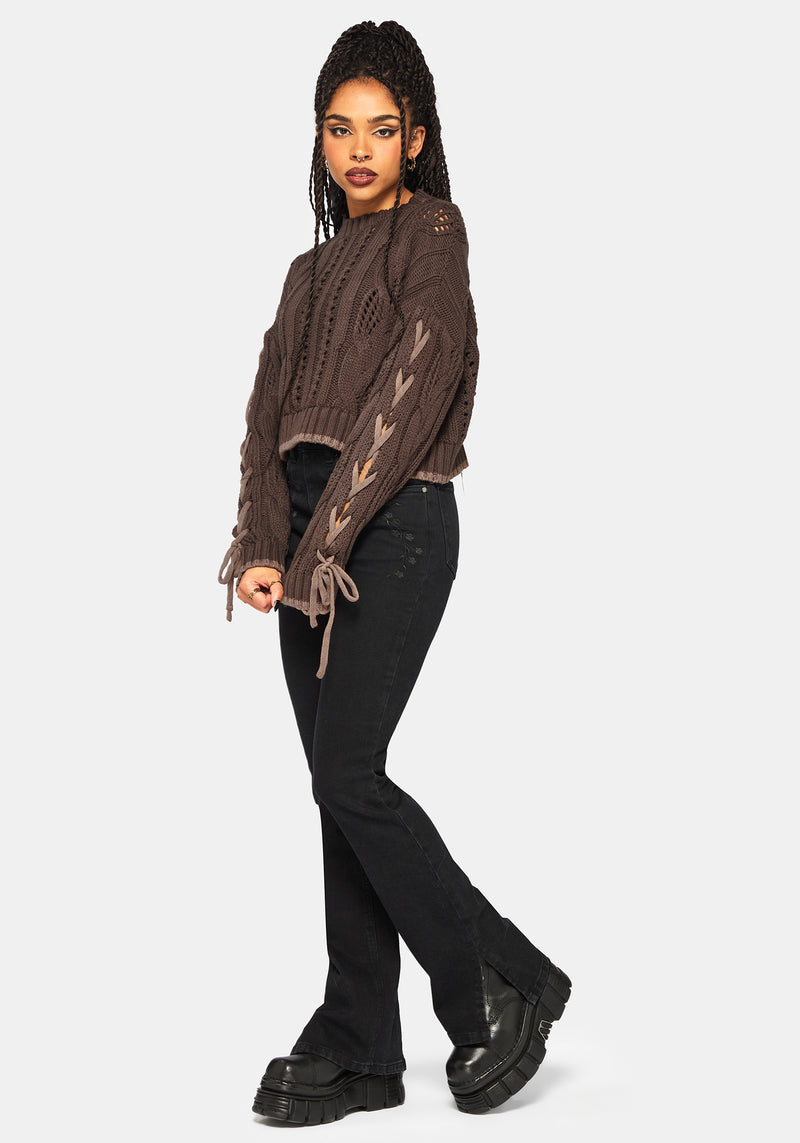 Sycamore Cotton Lace Up Sleeve Cable Knit Crop Jumper - Brown