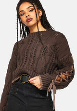 Sycamore Cotton Lace Up Sleeve Cable Knit Crop Jumper - Brown