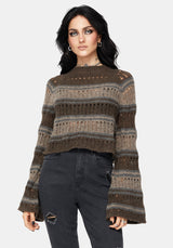 Splinter Stripe Knit Flare Sleeve Crop Jumper - Brown