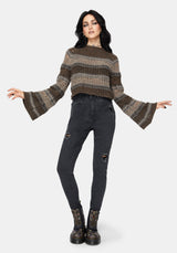 Splinter Stripe Knit Flare Sleeve Crop Jumper - Brown