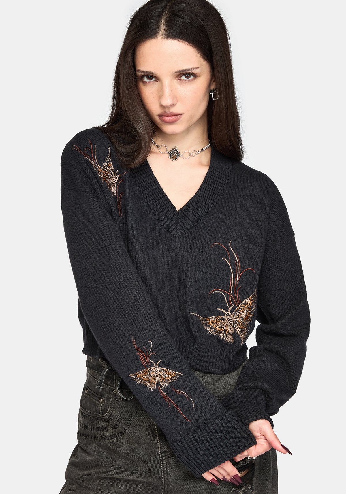 Ember Moth Embroidered V-Neck Knit Jumper