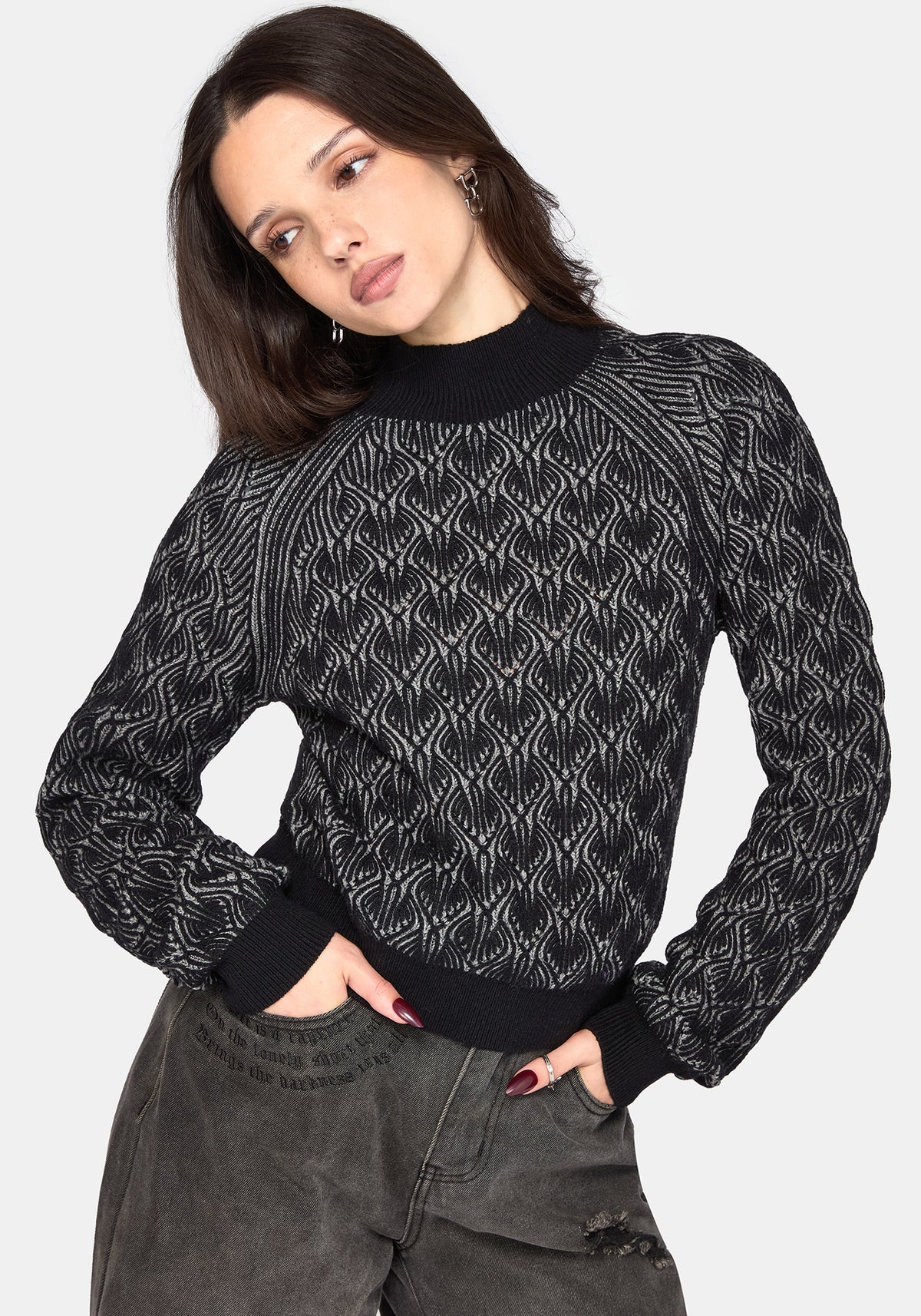 Edna Cotton Leaf Ribbed Funnel Neck Jumper - Black